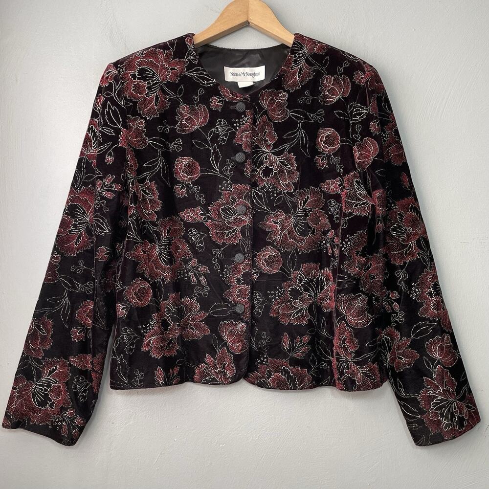 Vintage Black Velvet Jacket Size 12 Goth Floral Collarless Regency Whimsigoth
